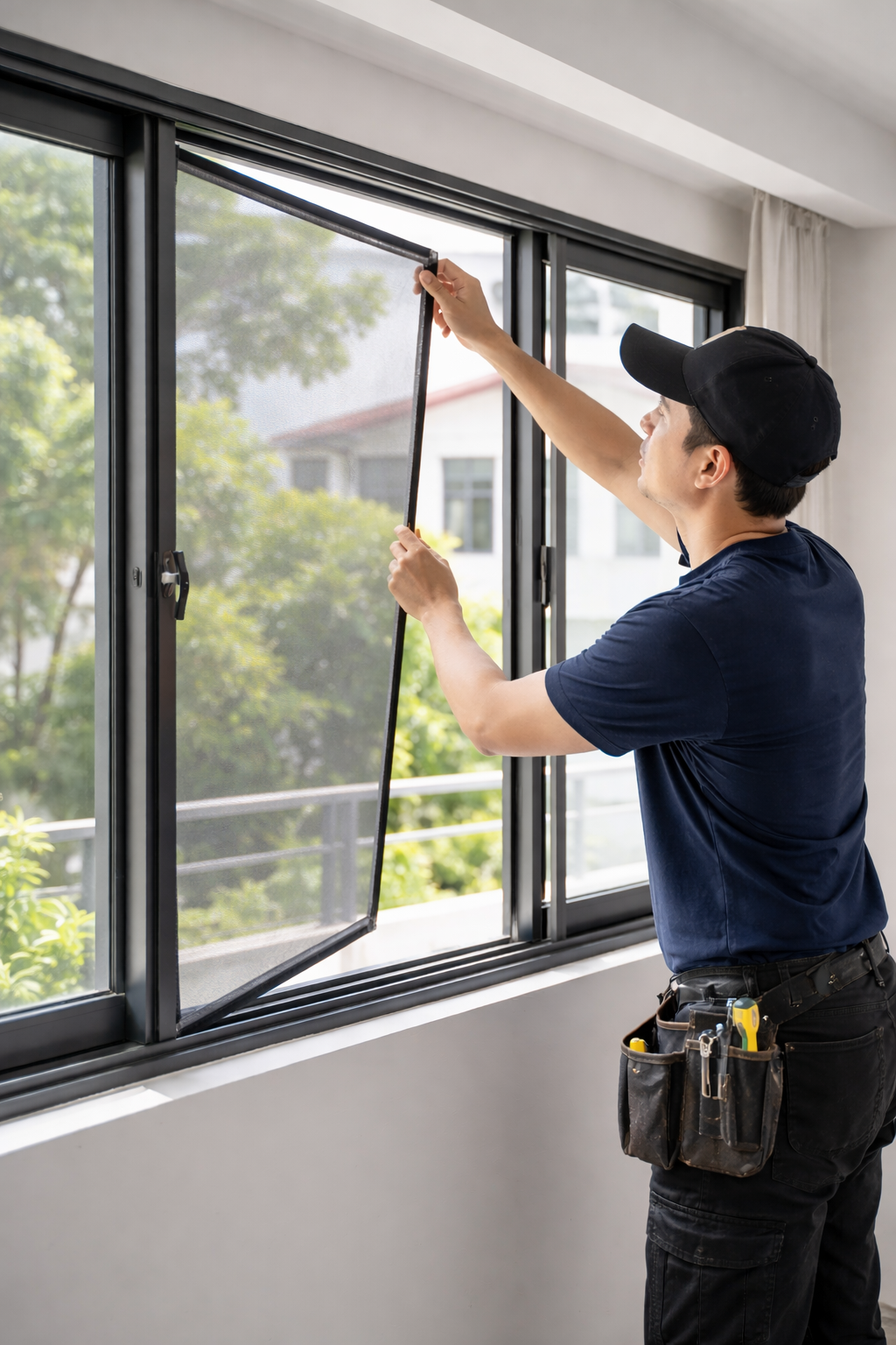 Installer fitting magnetic window mesh with tidy workmanship