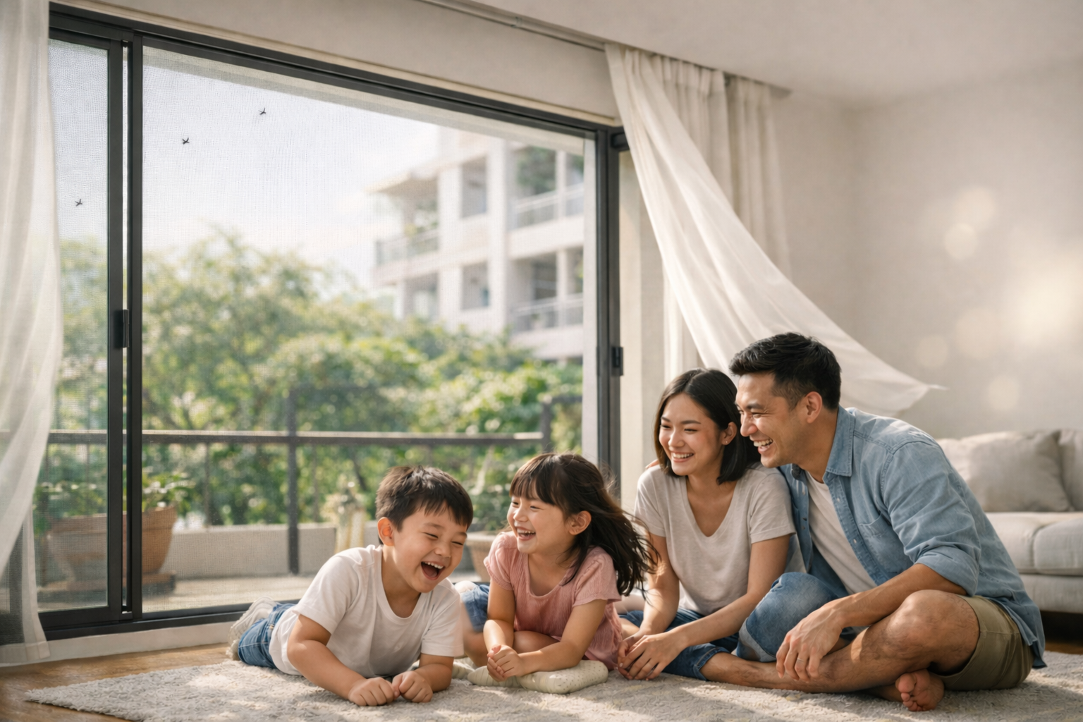 Family enjoying a bright home with magnetic window mesh installed in Singapore HDB, condo and landed property